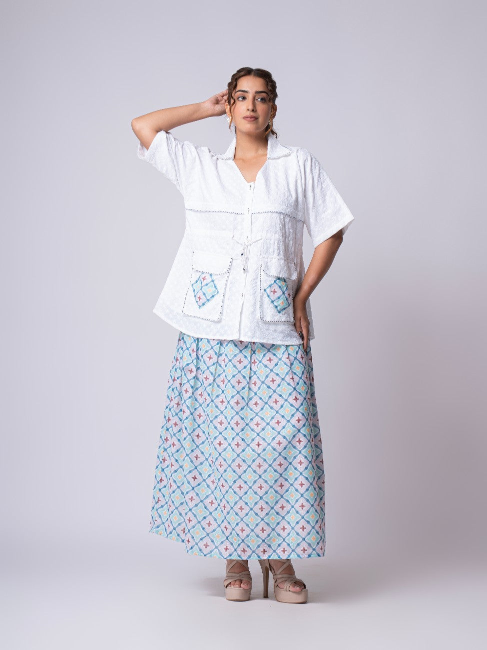 White Embroidered Shirt with Geometric Print Maxi Skirt