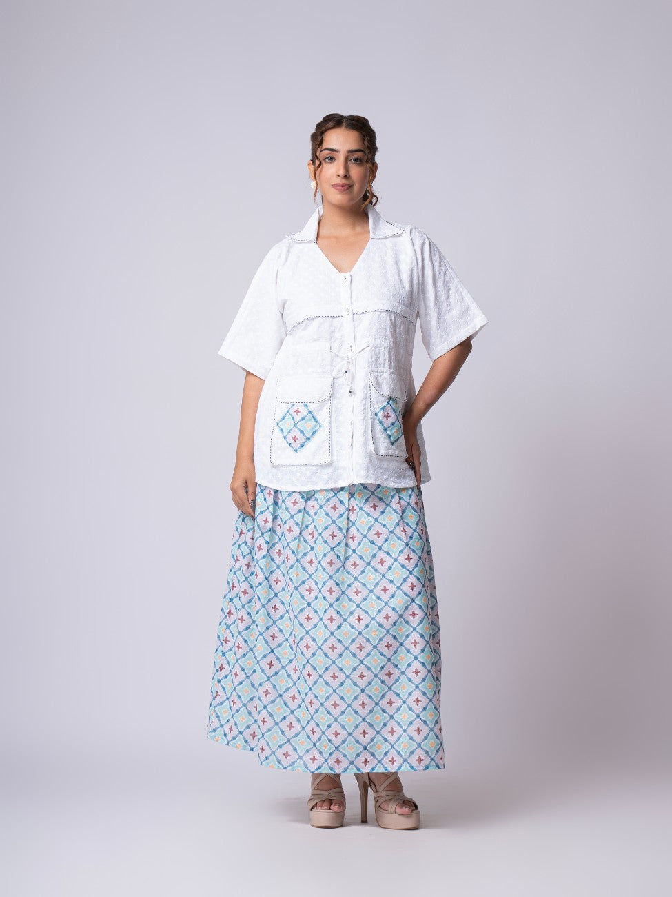 White Embroidered Shirt with Geometric Print Maxi Skirt