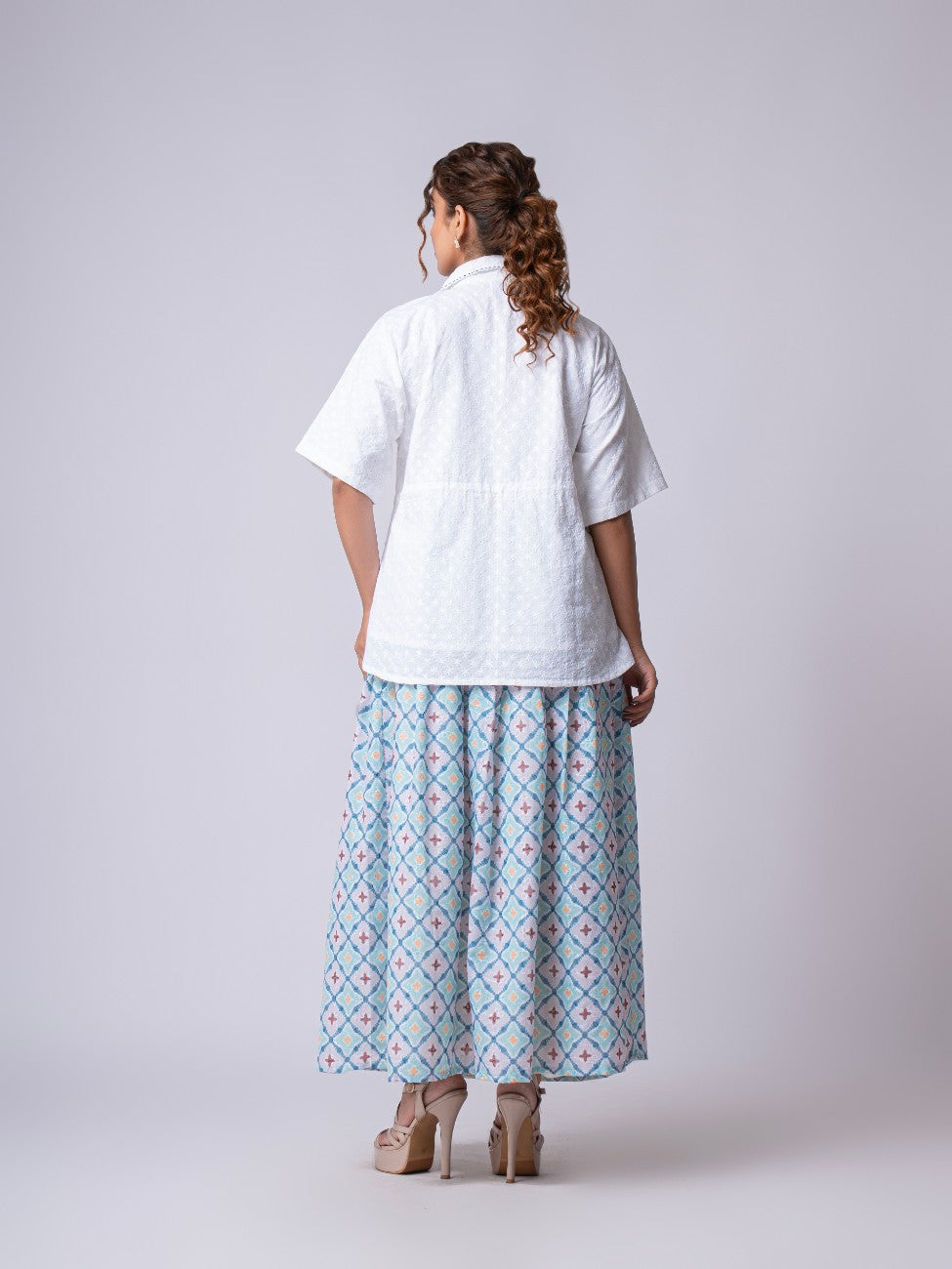 White Embroidered Shirt with Geometric Print Maxi Skirt