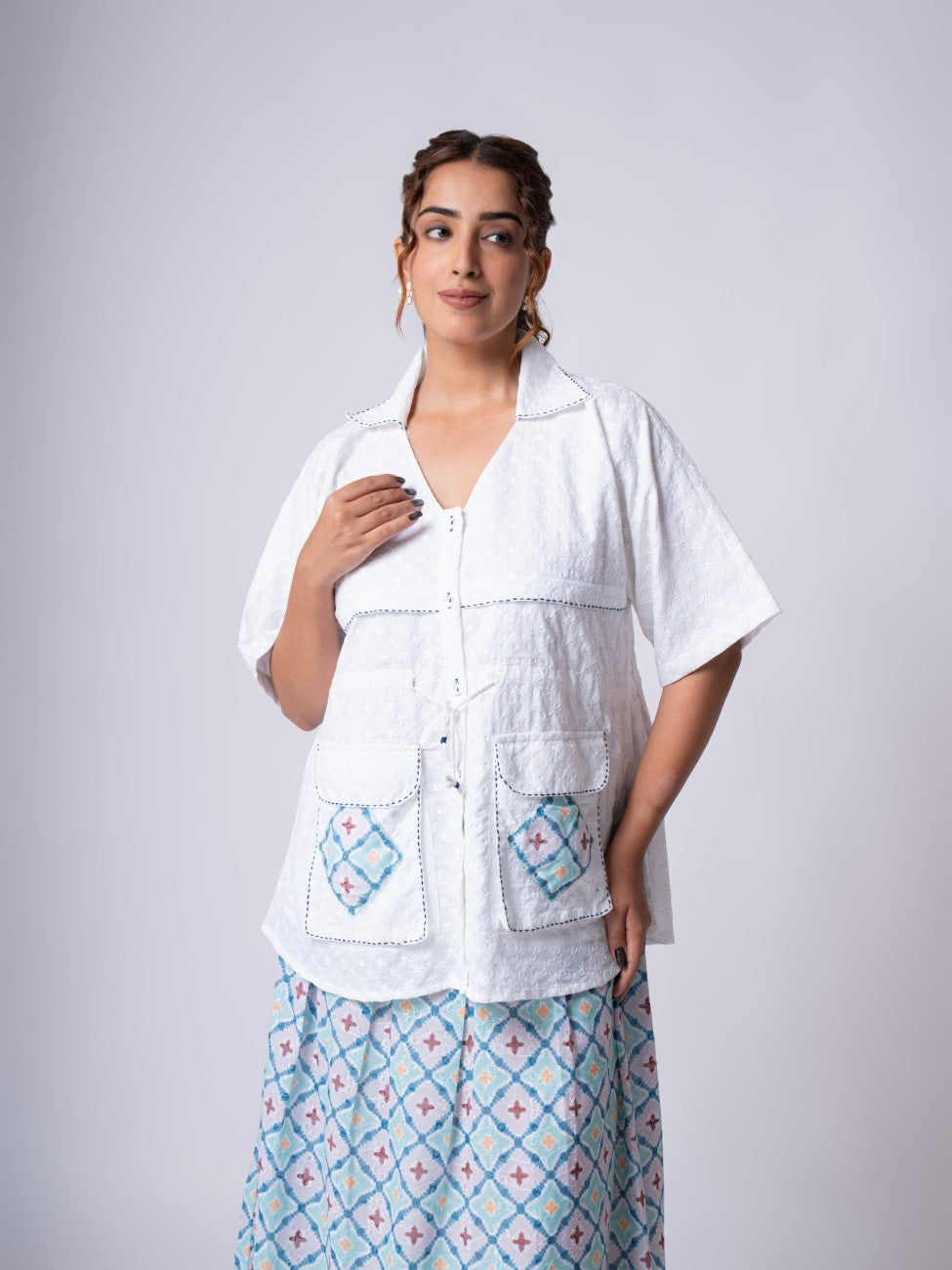 White Embroidered Shirt with Geometric Print Maxi Skirt