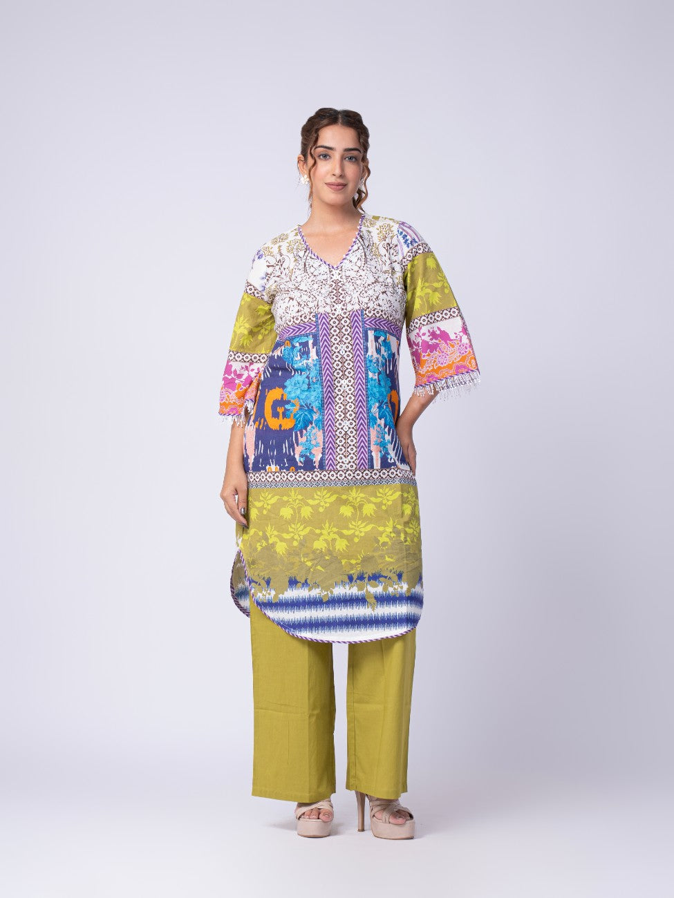 Multicolour Printed Kurta & Olive Green Pant Co-ord Set