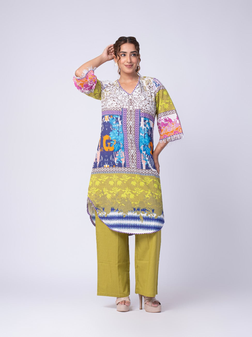 Multicolour Printed Kurta & Olive Green Pant Co-ord Set