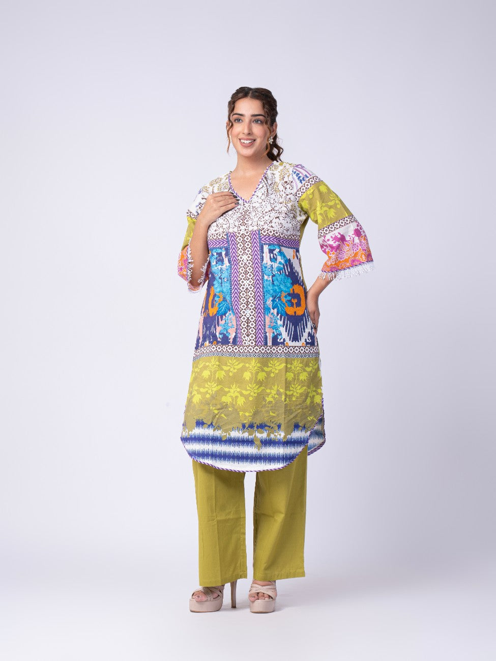 Multicolour Printed Kurta & Olive Green Pant Co-ord Set