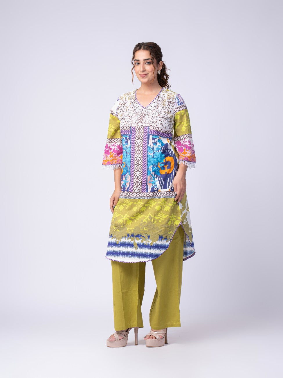 Multicolour Printed Kurta & Olive Green Pant Co-ord Set