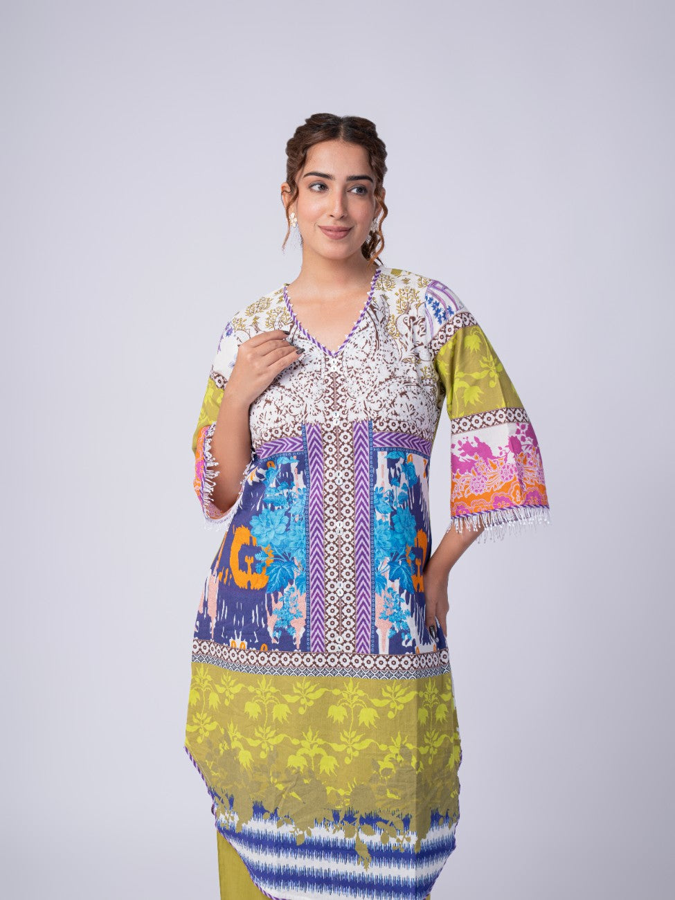 Multicolour Printed Kurta & Olive Green Pant Co-ord Set