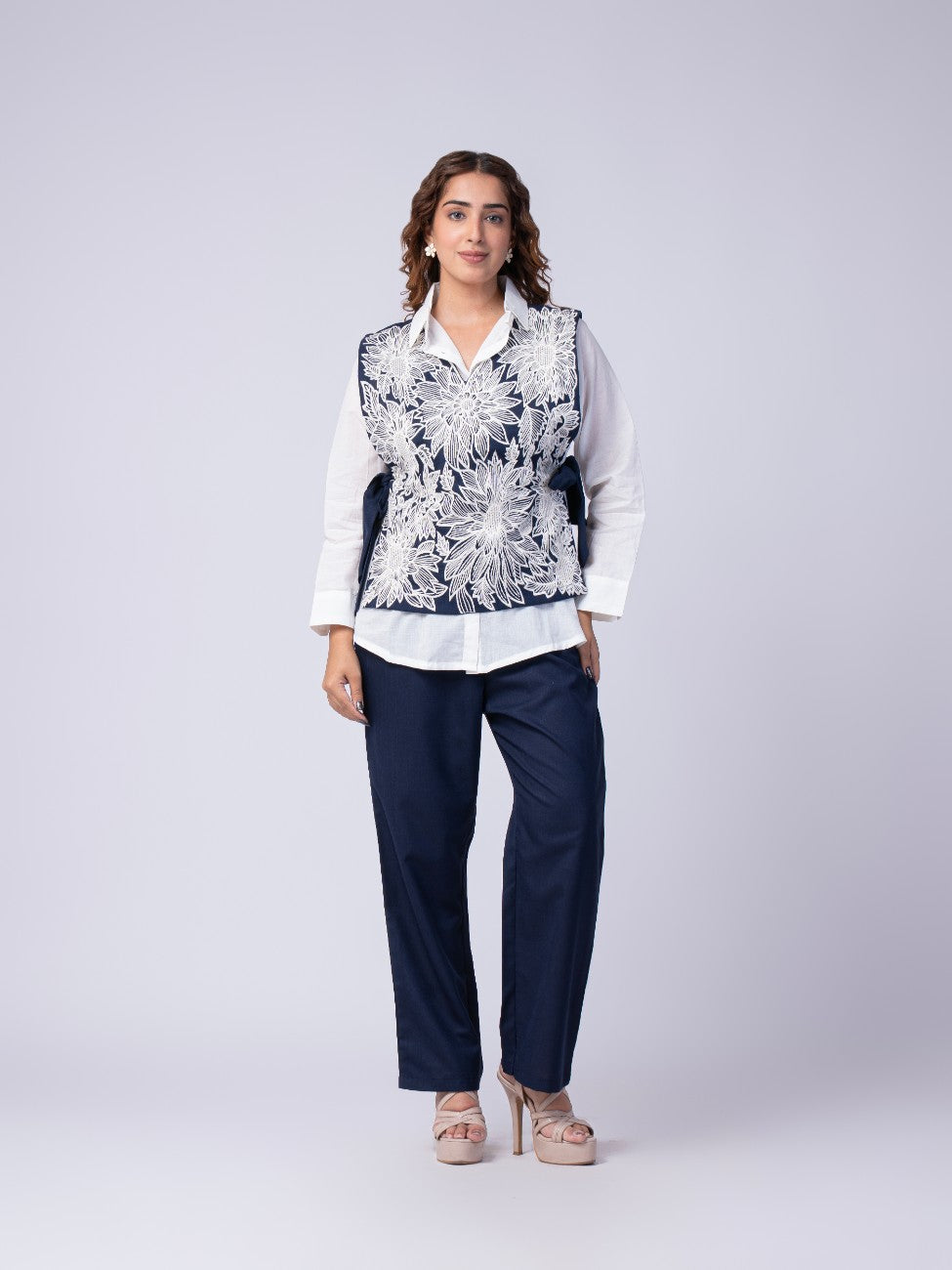Navy Blue Floral Embroidered Layered Co-ord Set