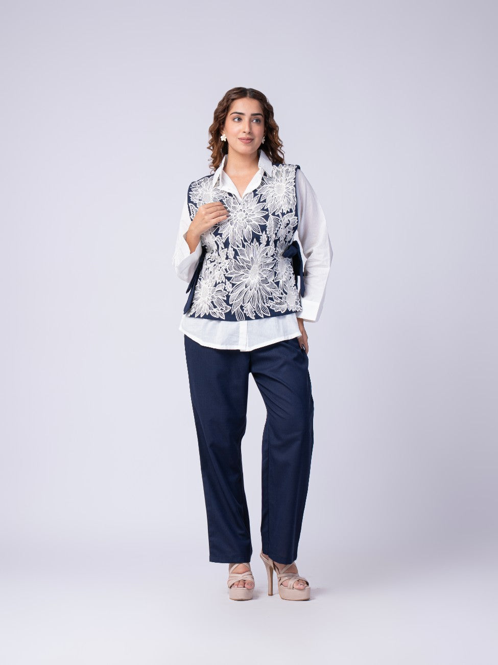 Navy Blue Floral Embroidered Layered Co-ord Set