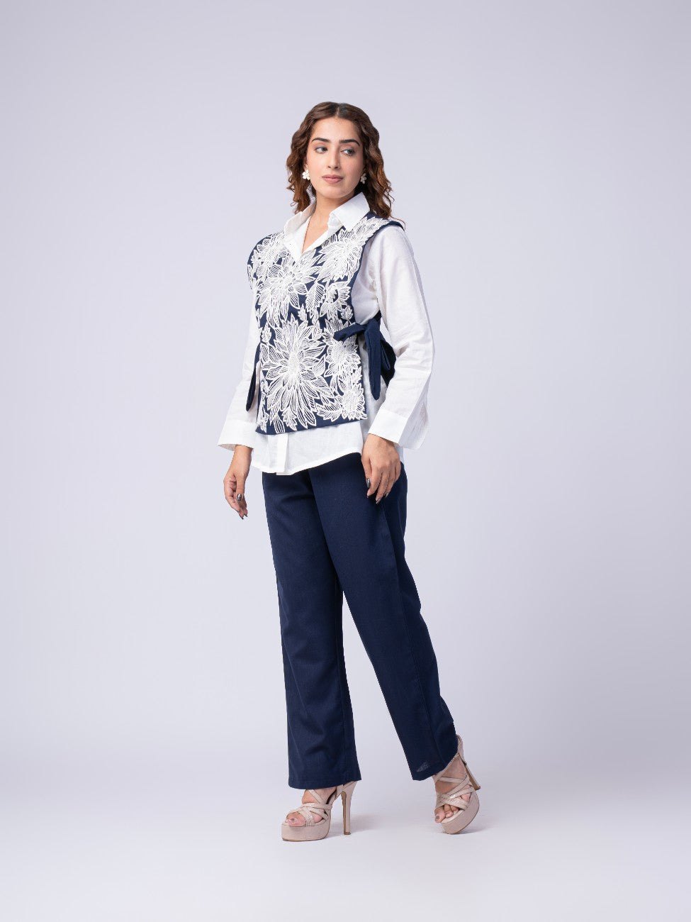 Navy Blue Floral Embroidered Layered Co-ord Set
