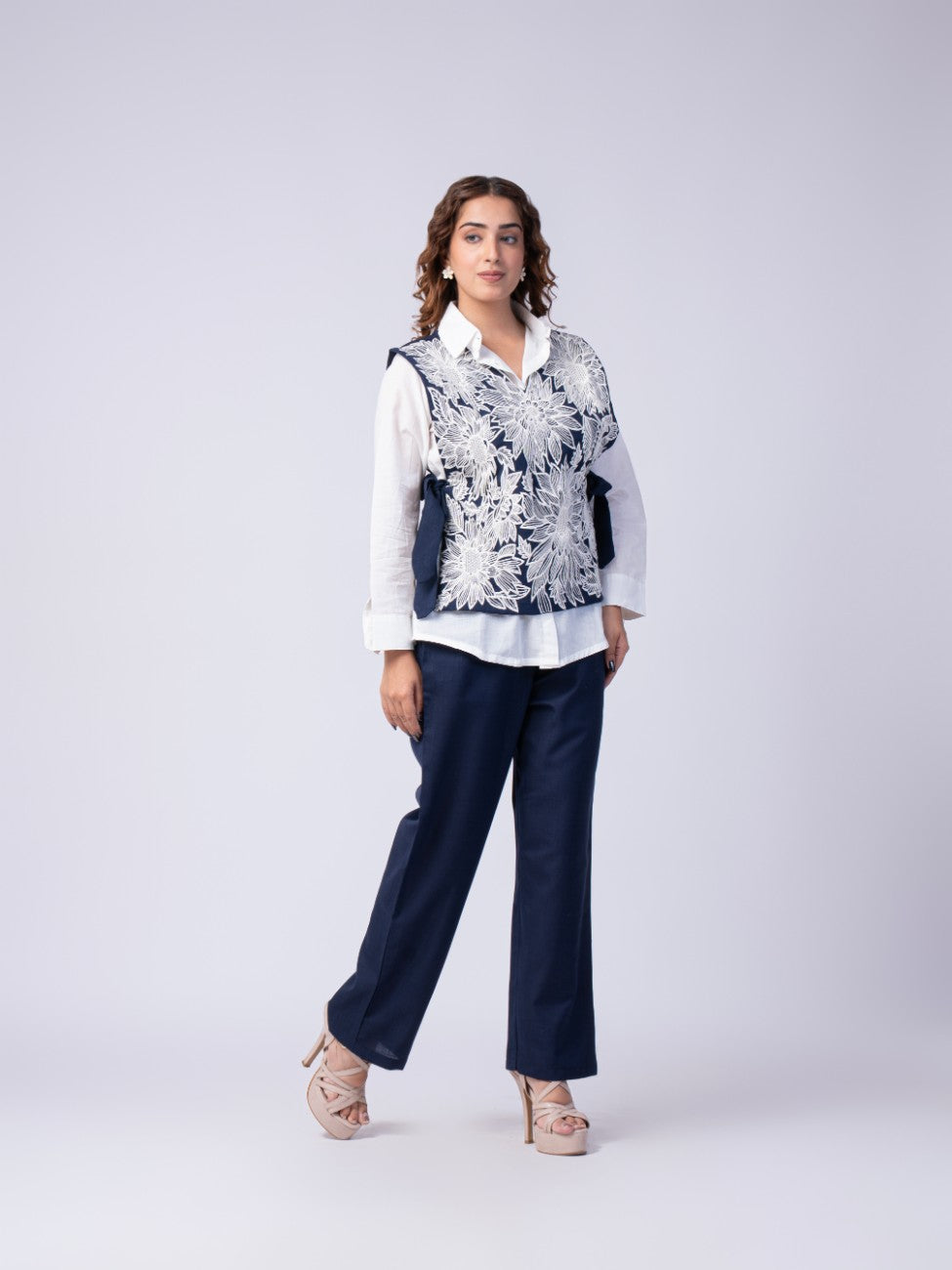 Navy Blue Floral Embroidered Layered Co-ord Set