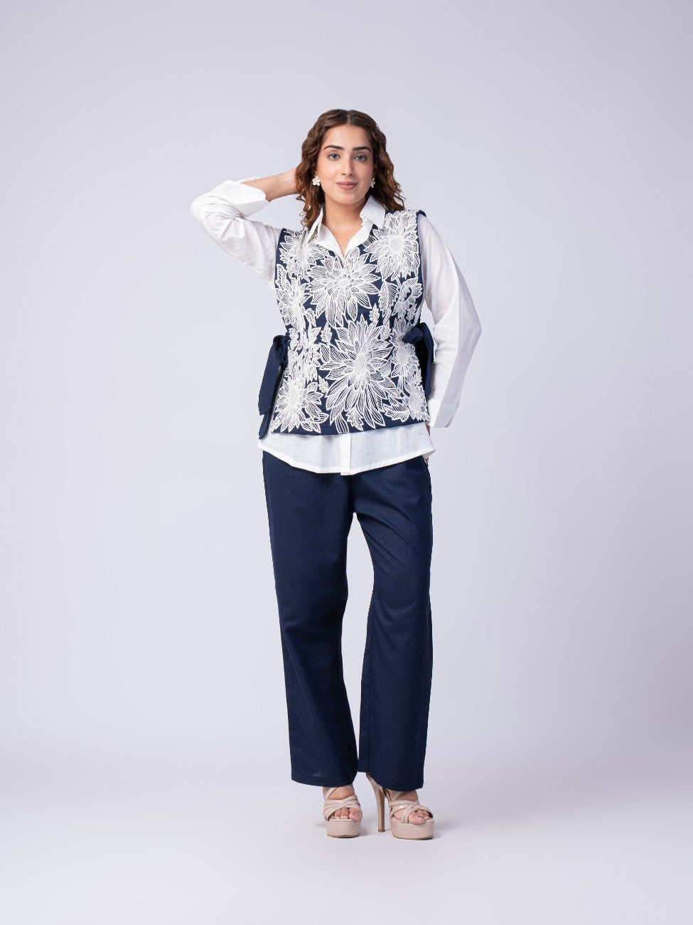 Navy Blue Floral Embroidered Layered Co-ord Set