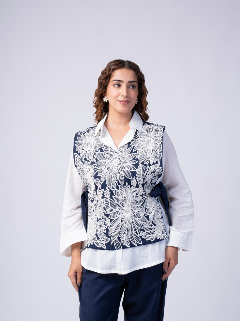 Navy Blue Floral Embroidered Layered Co-ord Set