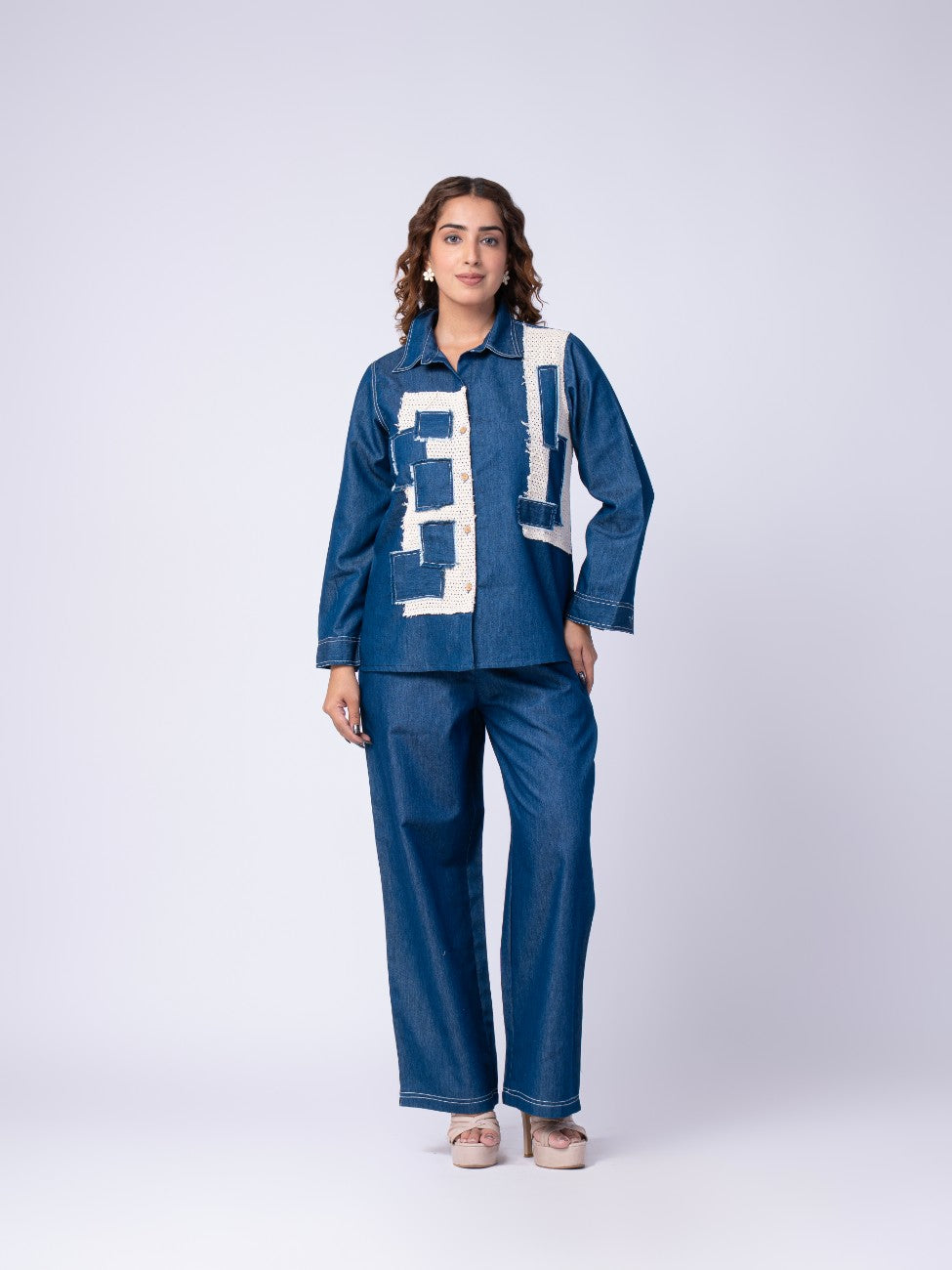 Denim Patchwork Co-ord Set with Wide-Leg Pants
