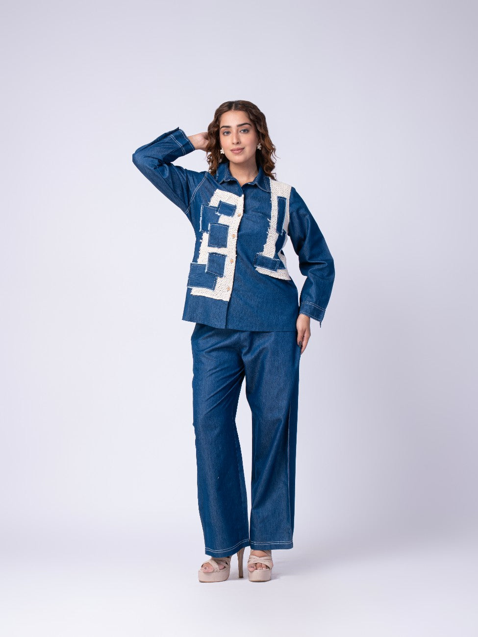 Denim Patchwork Co-ord Set with Wide-Leg Pants