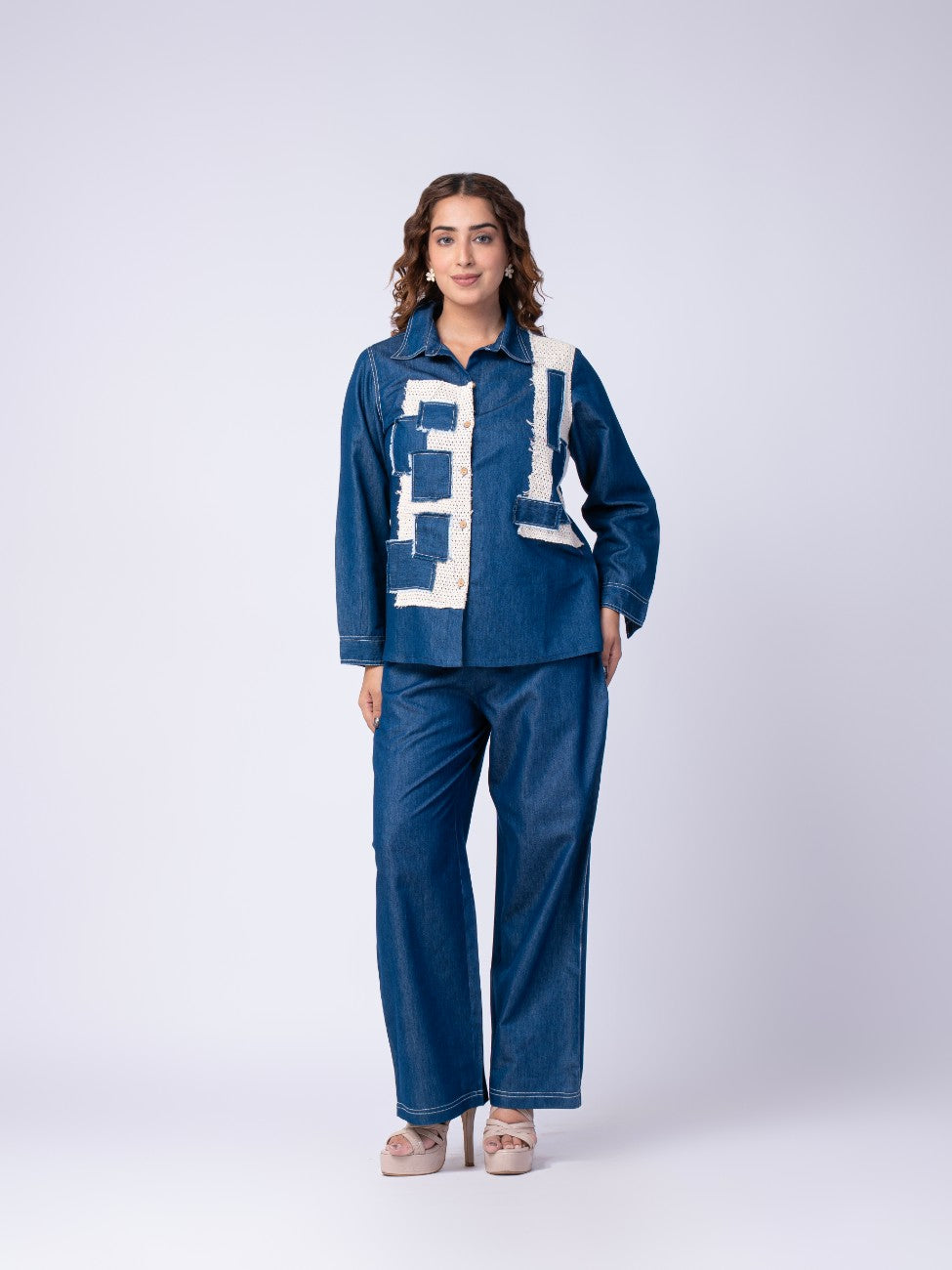 Denim Patchwork Co-ord Set with Wide-Leg Pants