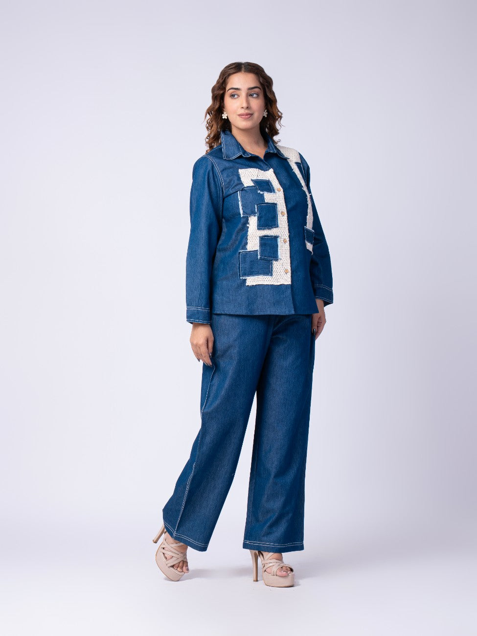Denim Patchwork Co-ord Set with Wide-Leg Pants