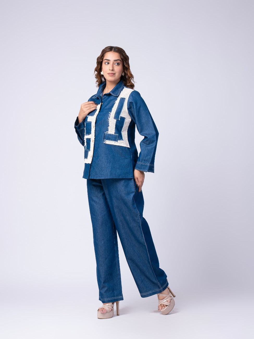 Denim Patchwork Co-ord Set with Wide-Leg Pants