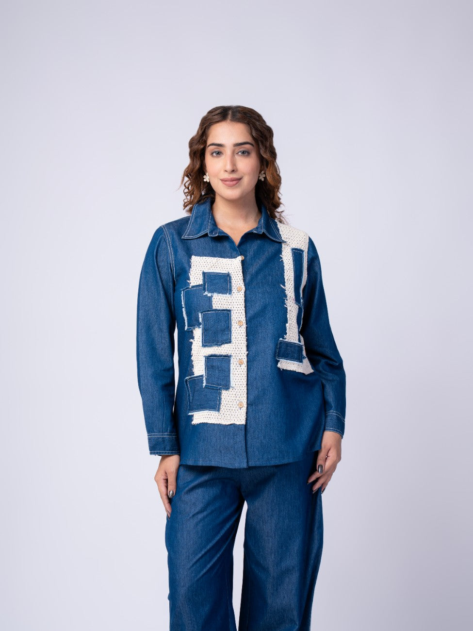 Denim Patchwork Co-ord Set with Wide-Leg Pants