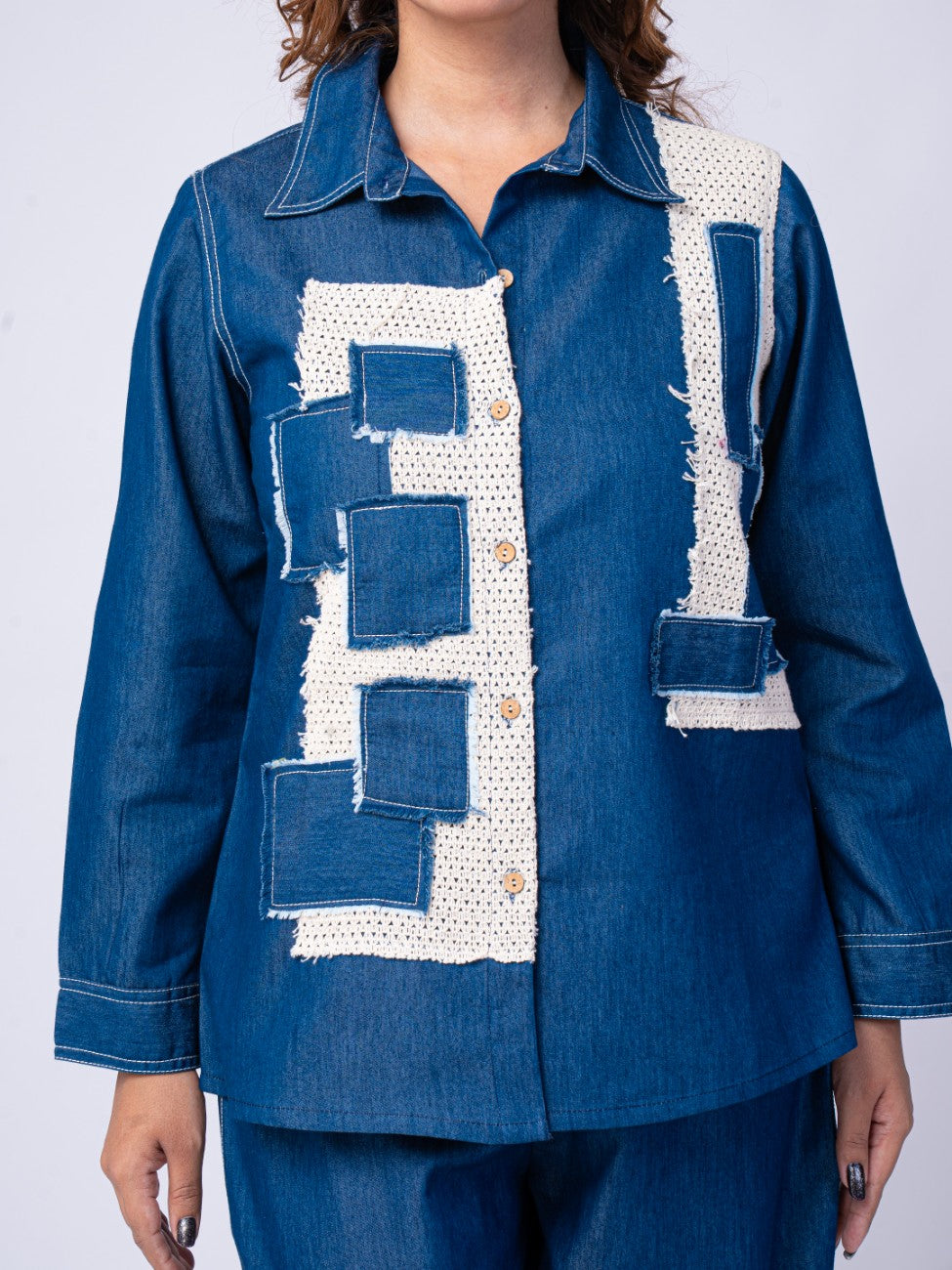 Denim Patchwork Co-ord Set with Wide-Leg Pants
