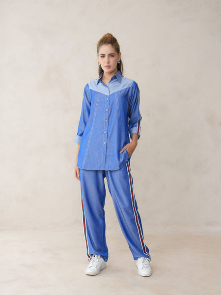 Women’s Blue Imported Tencel Embroidered Co-ord Set