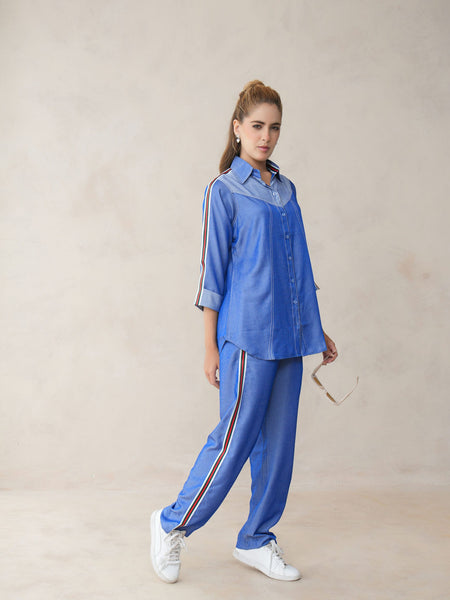 Women’s Blue Imported Tencel Embroidered Co-ord Set