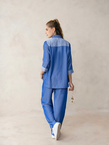 Women’s Blue Imported Tencel Embroidered Co-ord Set