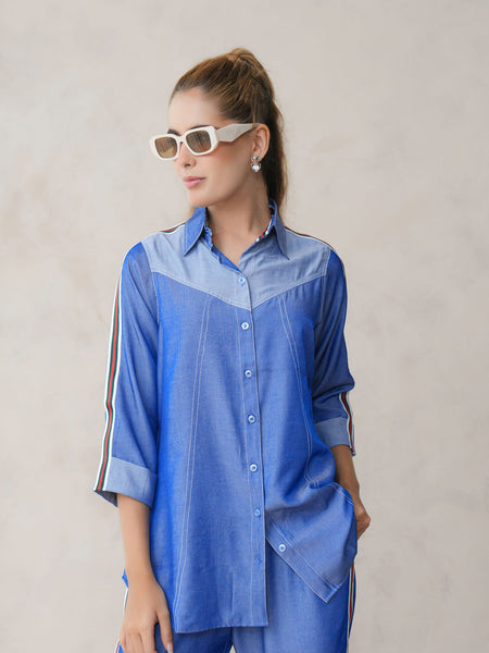 Women’s Blue Imported Tencel Embroidered Co-ord Set