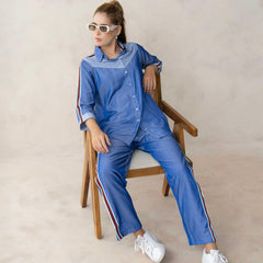 Women’s Blue Imported Tencel Embroidered Co-ord Set