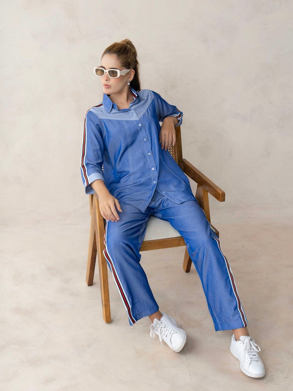 Women’s Blue Imported Tencel Embroidered Co-ord Set