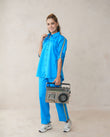 Women’s Blue Cotton Embroidered Co-ord Set with Collar Neck Shirt