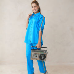 Women’s Blue Cotton Embroidered Co-ord Set with Collar Neck Shirt