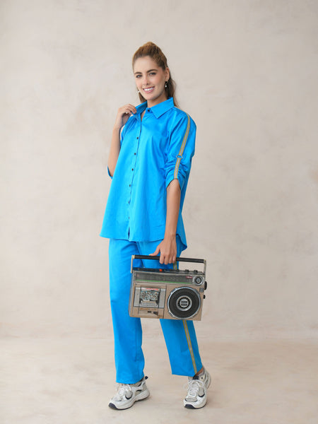 Women’s Blue Cotton Embroidered Co-ord Set with Collar Neck Shirt