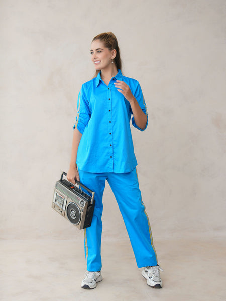 Women’s Blue Cotton Embroidered Co-ord Set with Collar Neck Shirt