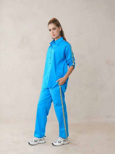 Women’s Blue Cotton Embroidered Co-ord Set with Collar Neck Shirt
