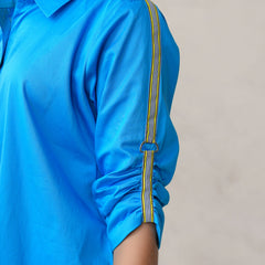 Women’s Blue Cotton Embroidered Co-ord Set with Collar Neck Shirt