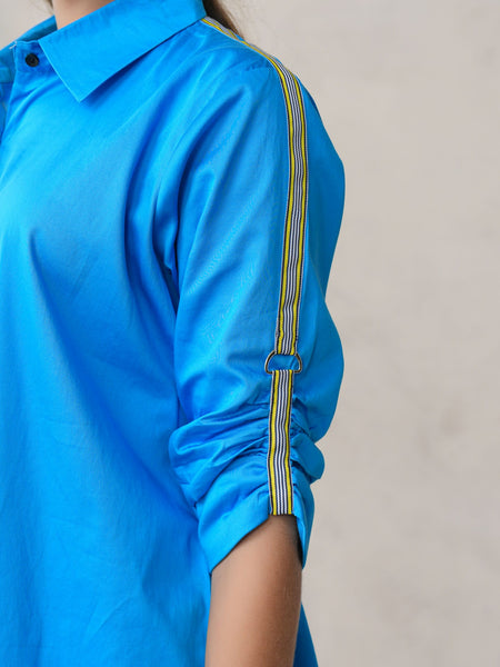 Women’s Blue Cotton Embroidered Co-ord Set with Collar Neck Shirt