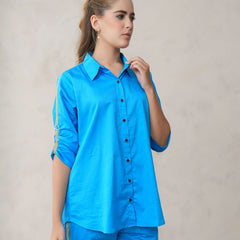 Women’s Blue Cotton Embroidered Co-ord Set with Collar Neck Shirt