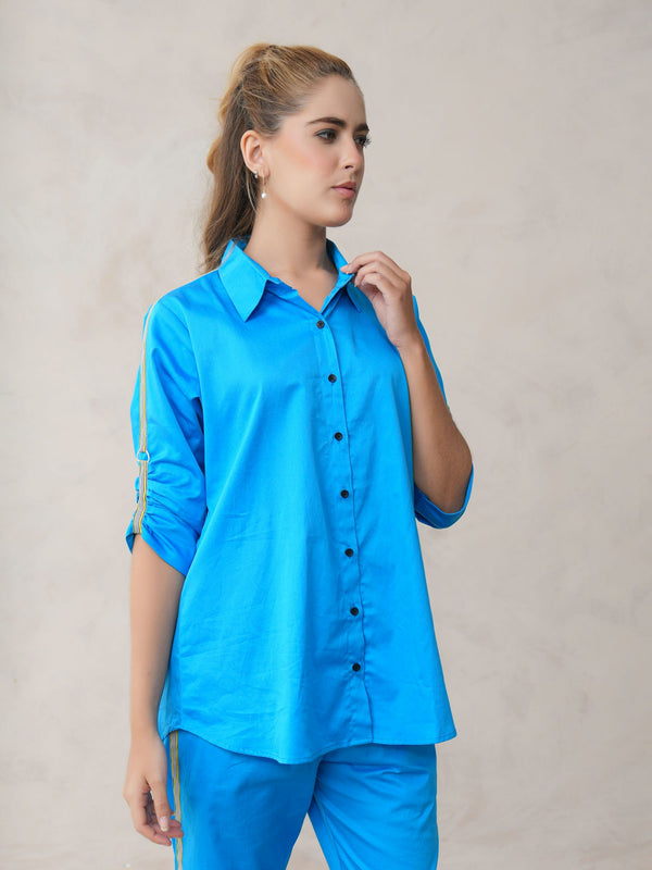 Women’s Blue Cotton Embroidered Co-ord Set with Collar Neck Shirt