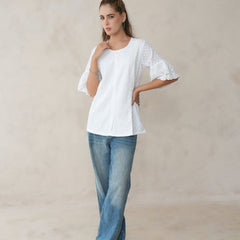 Women’s White Cotton Embroidered Shirt with Round Neck