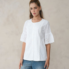 Women’s White Cotton Embroidered Shirt with Round Neck