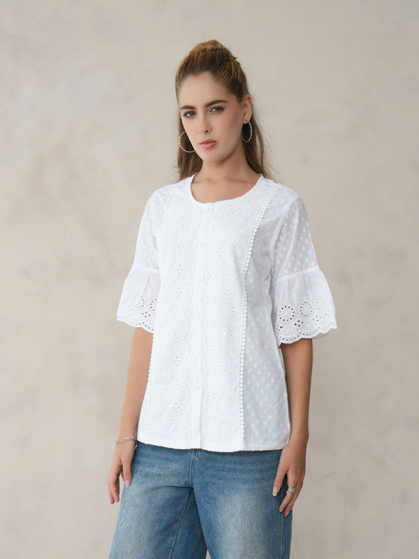 Women’s White Cotton Embroidered Shirt with Round Neck