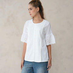 Women’s White Cotton Embroidered Shirt with Round Neck