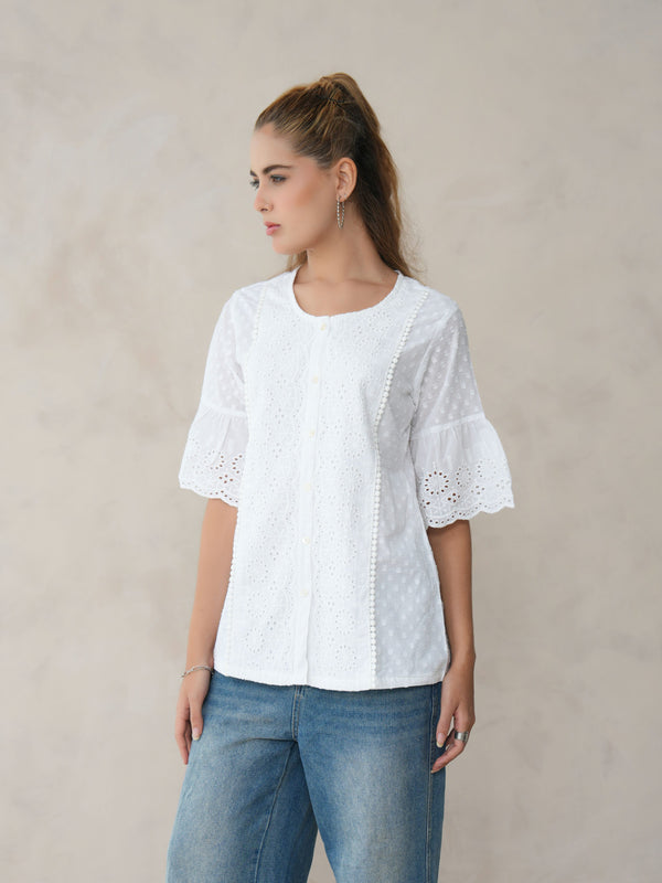 Women’s White Cotton Embroidered Shirt with Round Neck