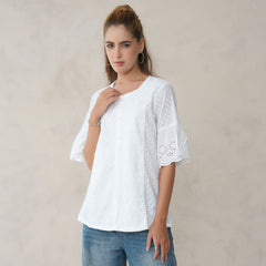 Women’s White Cotton Embroidered Shirt with Round Neck