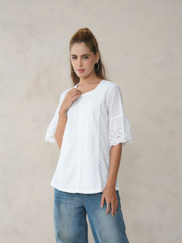 Women’s White Cotton Embroidered Shirt with Round Neck