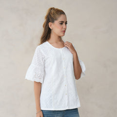 Women’s White Cotton Embroidered Shirt with Round Neck