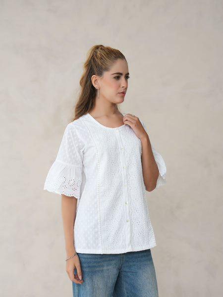 Women’s White Cotton Embroidered Shirt with Round Neck