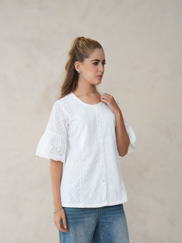 Women’s White Cotton Embroidered Shirt with Round Neck