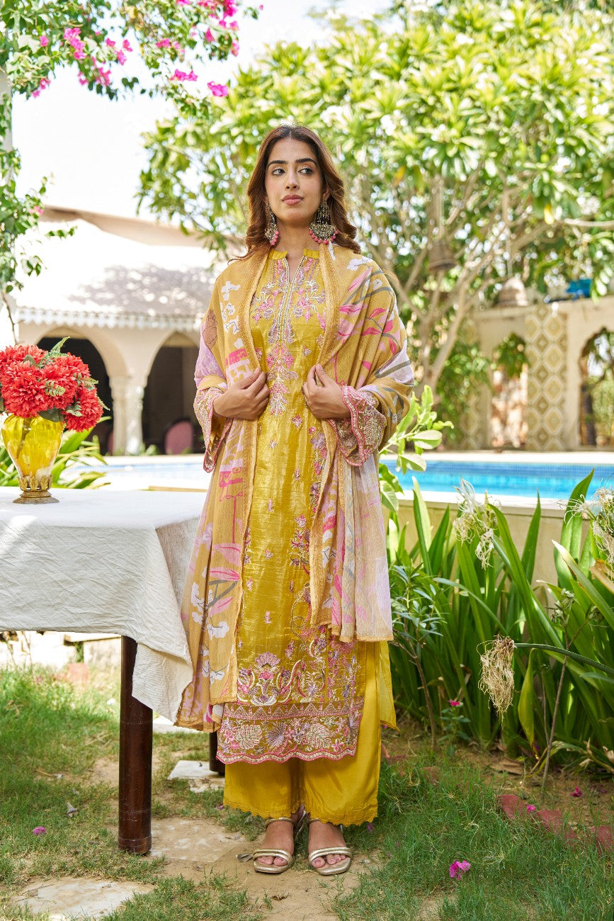 Mustard Floral Embroidered Kurta Set with Printed Dupatta