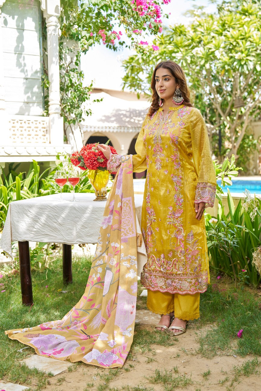 Mustard Floral Embroidered Kurta Set with Printed Dupatta