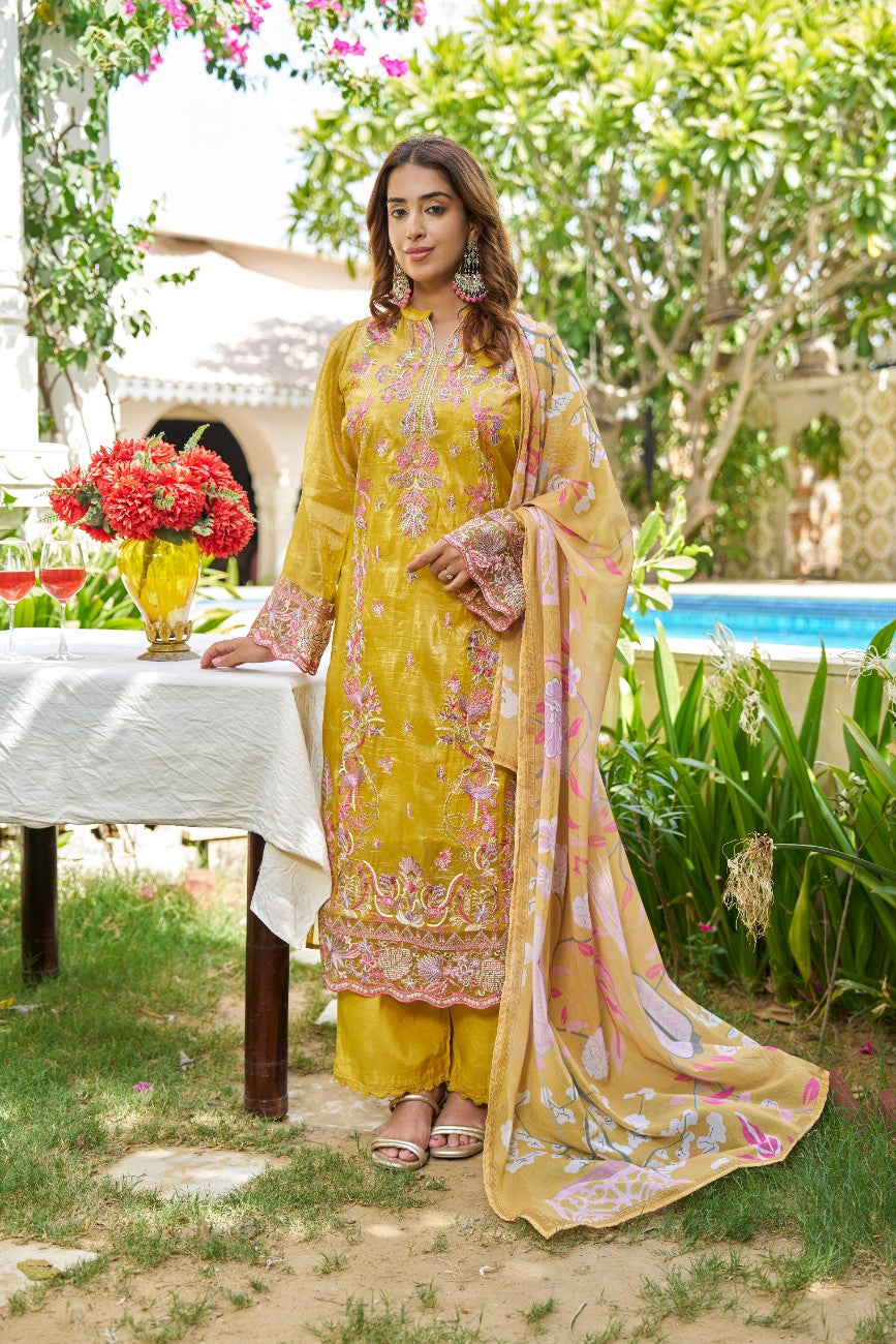 Mustard Floral Embroidered Kurta Set with Printed Dupatta
